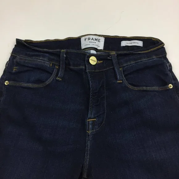 FRAME Le High Skinny Dark Wash Wythe Slit Hem Logo Hardware 5 Pocket Jeans - Picture 4 of 9